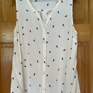 Eddie Bauer White Sleeveless Blouse with Feather Print | Size Large